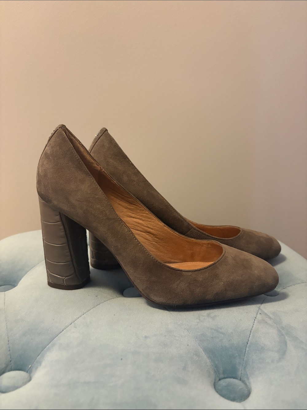 New Coach Taupe Suede Block Heel Pumps